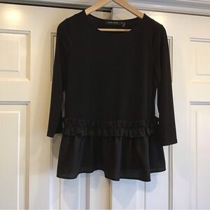 Ivanka Trump Black Ruffle Detail Blouse 3/4 Sleeve Elevated Classic Edgy Comfort